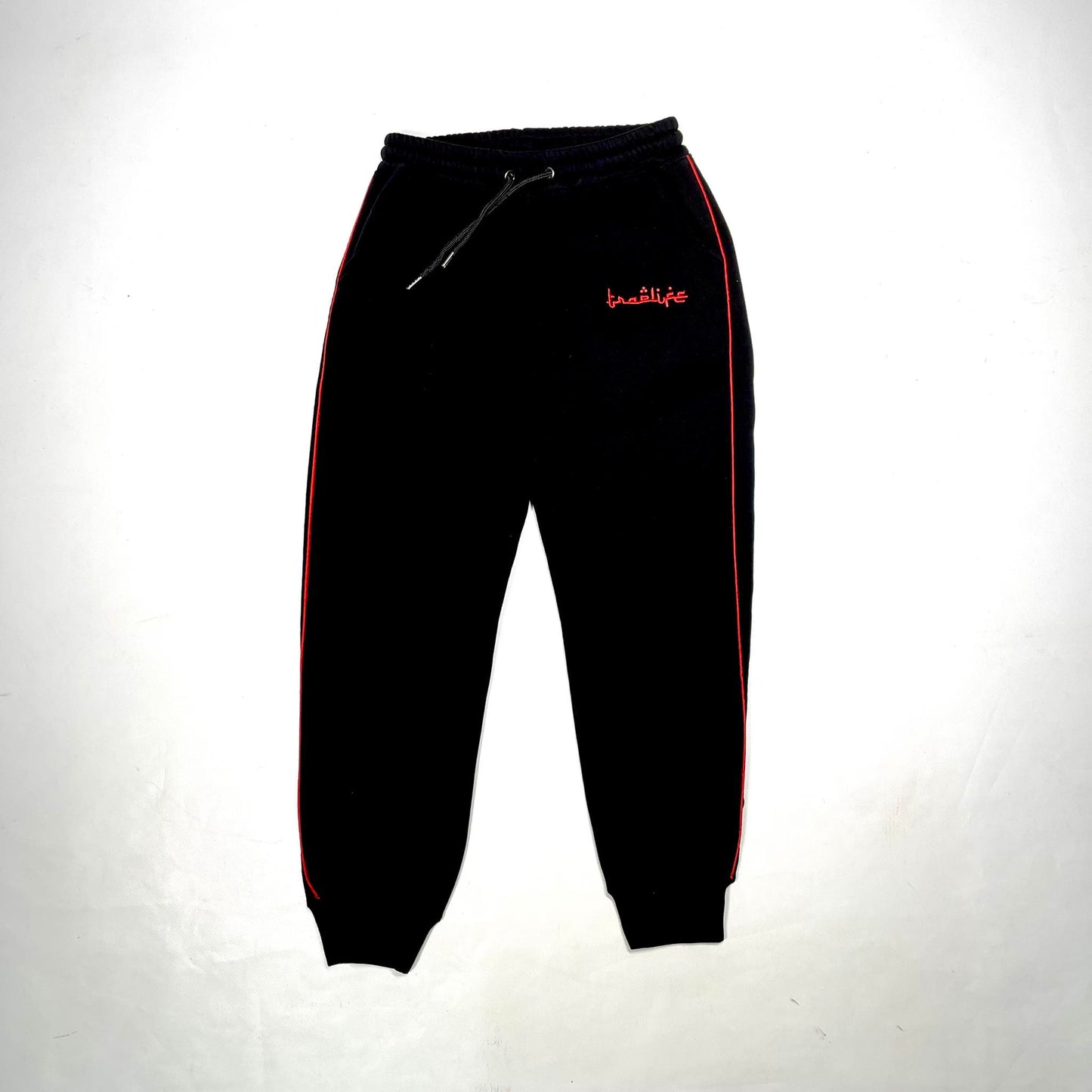 Traplife Black Pants - Red Logo - Red Stripes