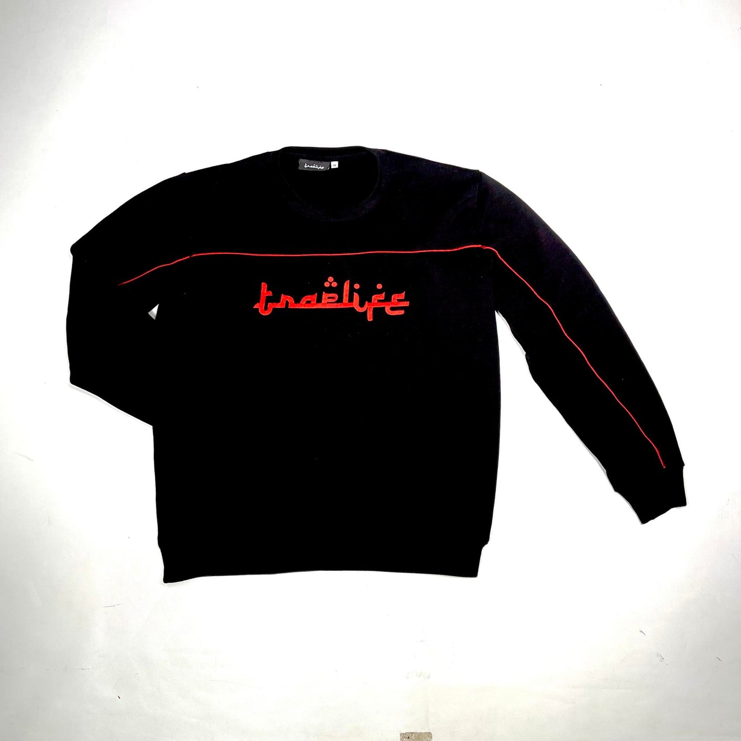 Traplife Black Hoodie Crewneck - Red Logo - Red Stripes