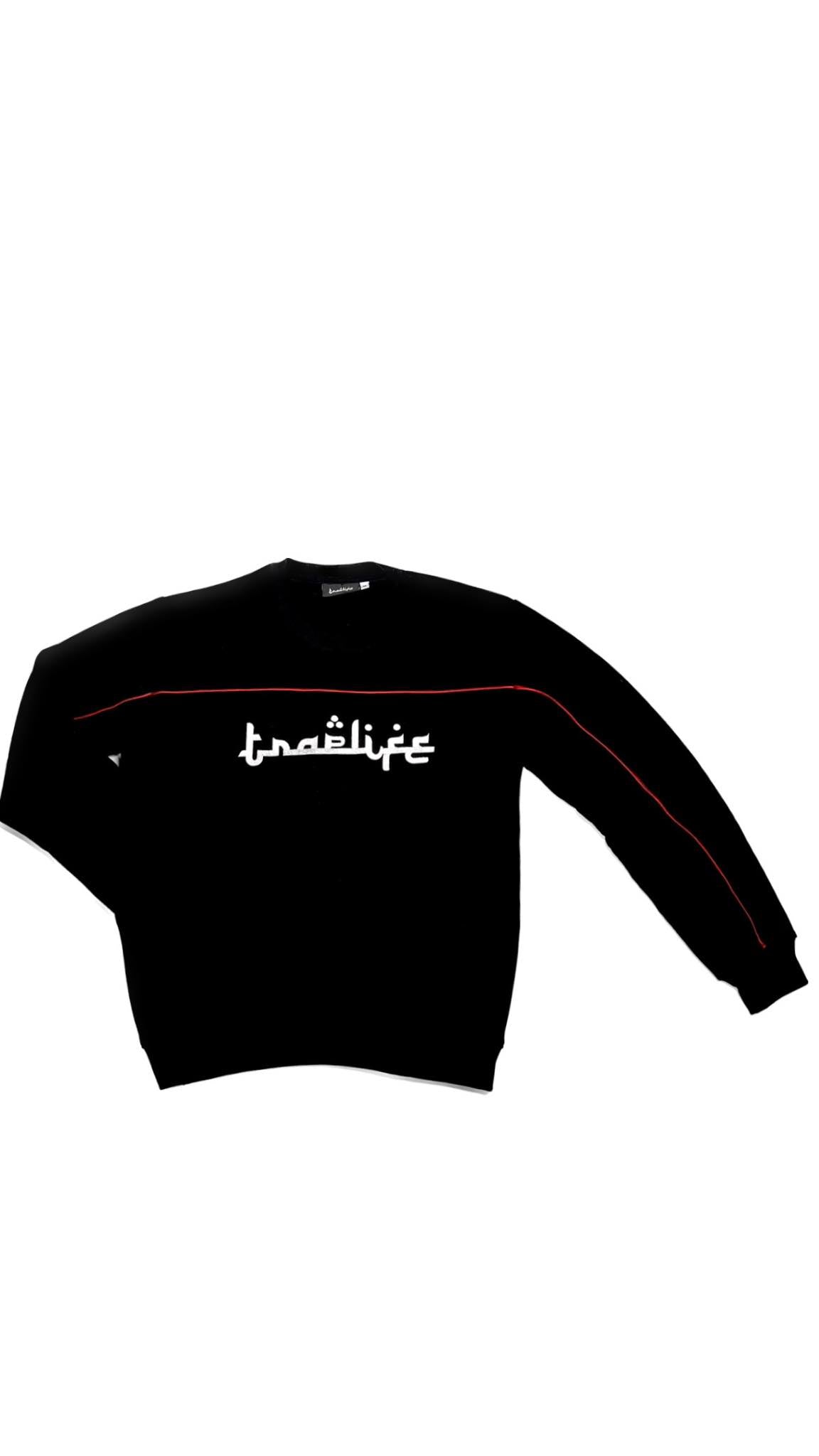 Traplife Black Hoodie Crewneck - White Logo - Red Stripes